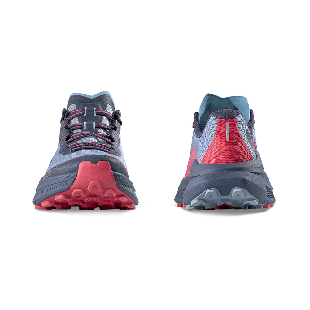 Pair of gray and red athletic shoes on a white background
