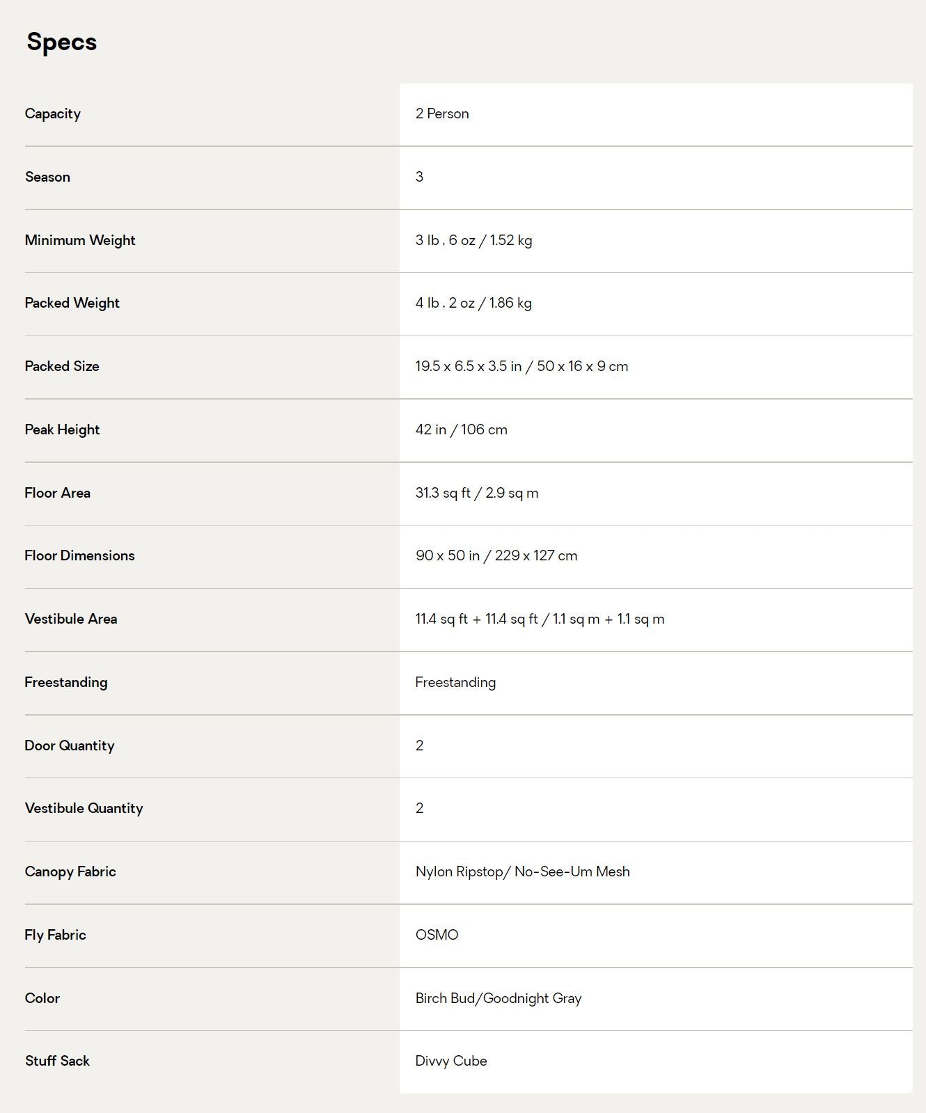 a photo of a specifications list for the nemo dagger osmo 2p