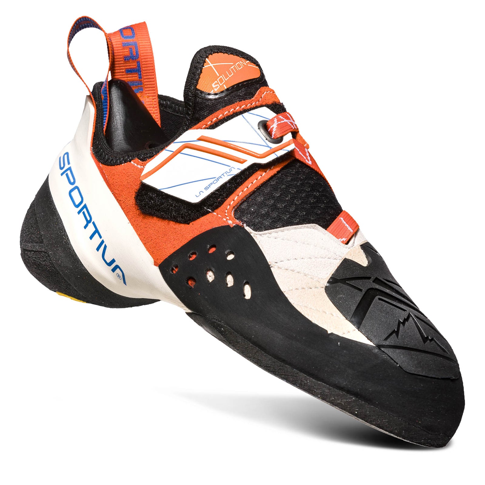 outer sole of Women's solution climbing shoe. shows two pull tabs on heel, and two separate rands for extra flex