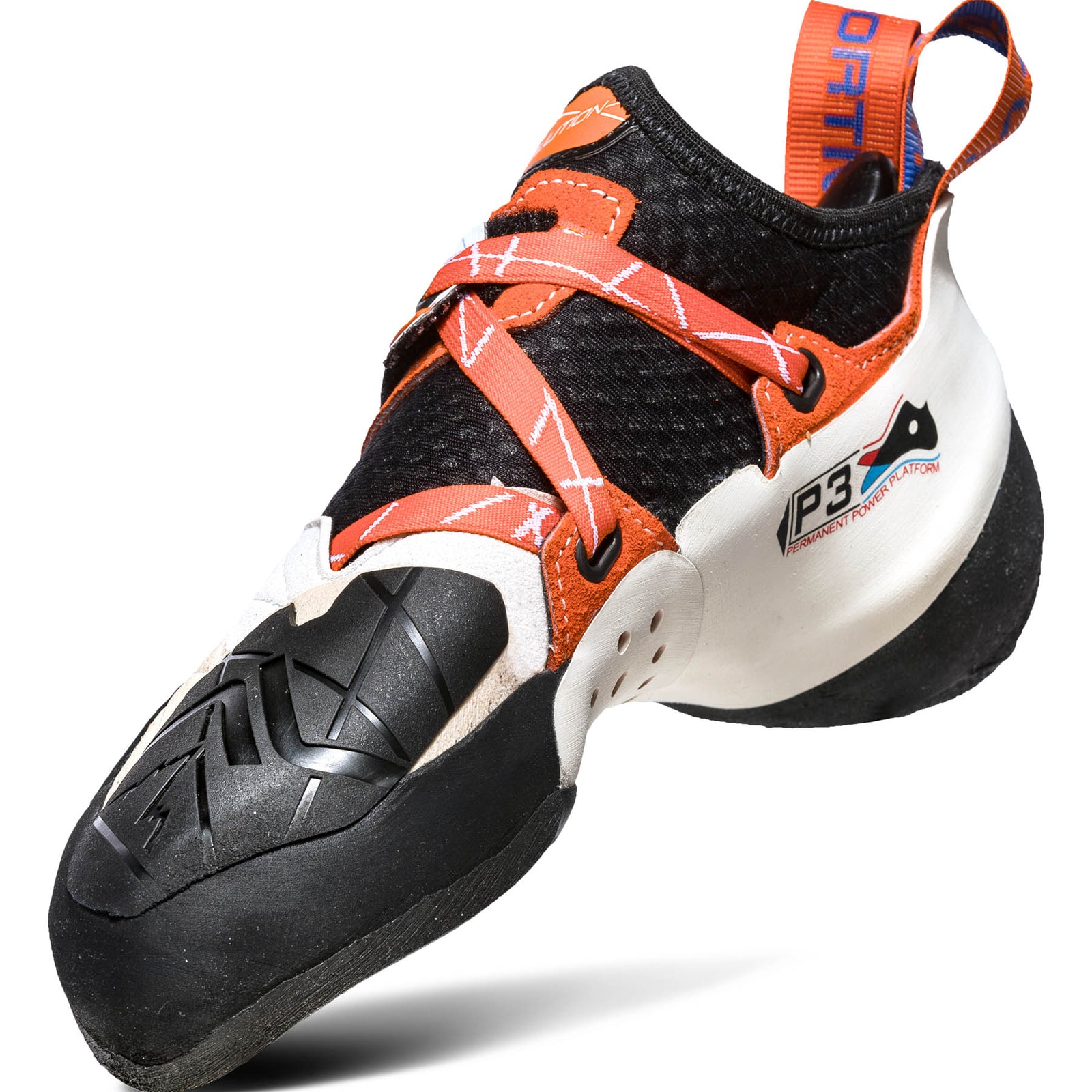 Toe-side view of the women's solution climbing shoe, showing multi-directional velcro strap for a more accurate cinch. also has p3 midsole to help transfer energy from the heel into the toe