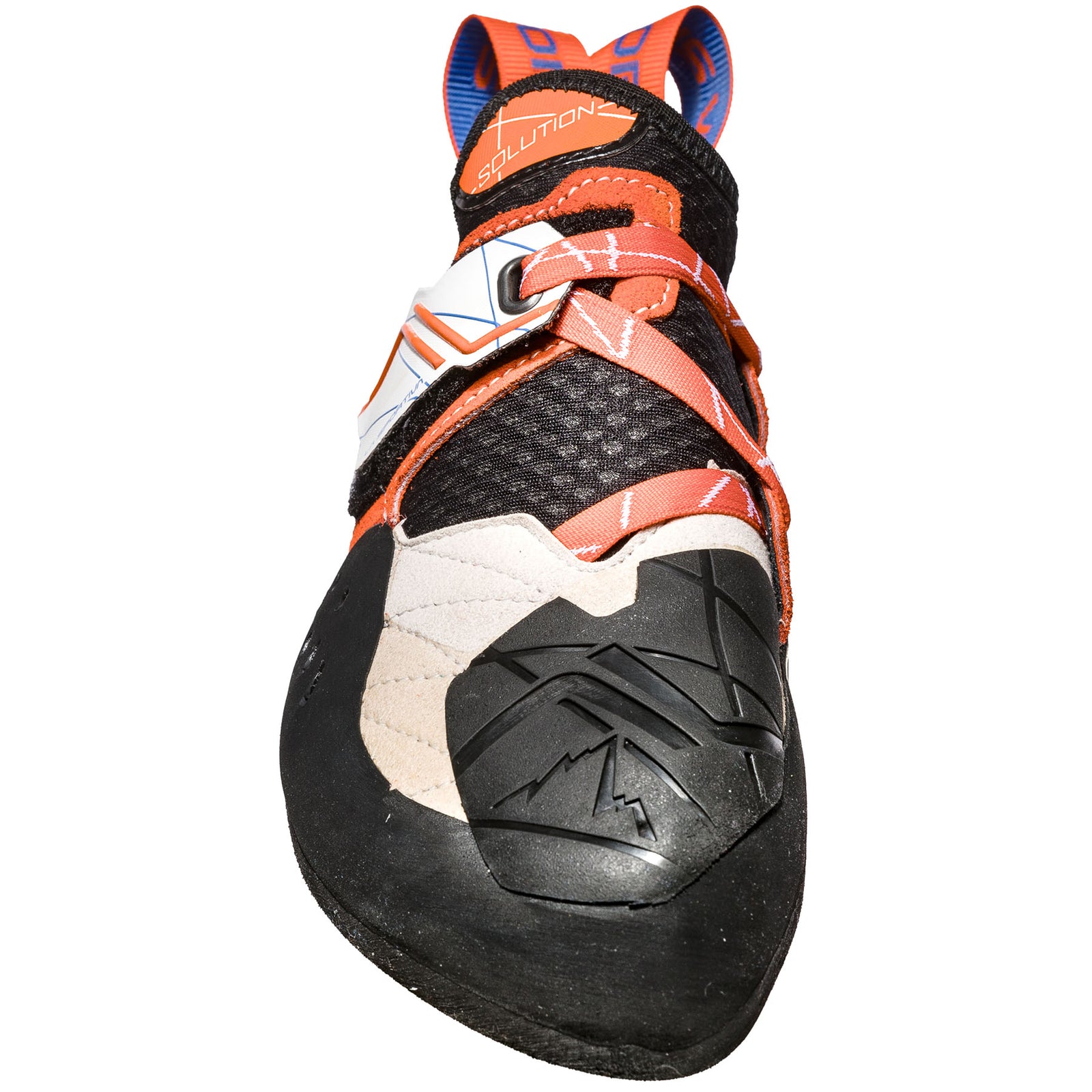 front view of womens solution's climbing shoe, showing extra toe rubber for those sticky toe hooks