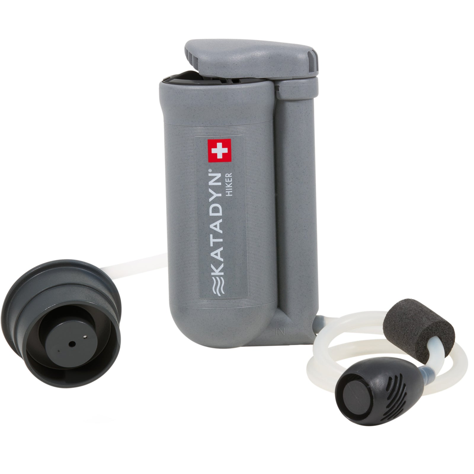 the hiker water filter showing the body of the filter and the inlet and outlet ends