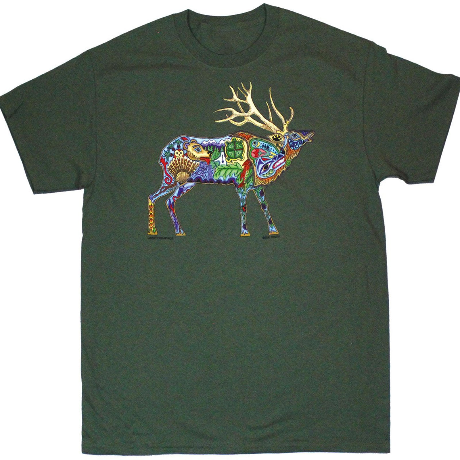 elk print tee shirt in green