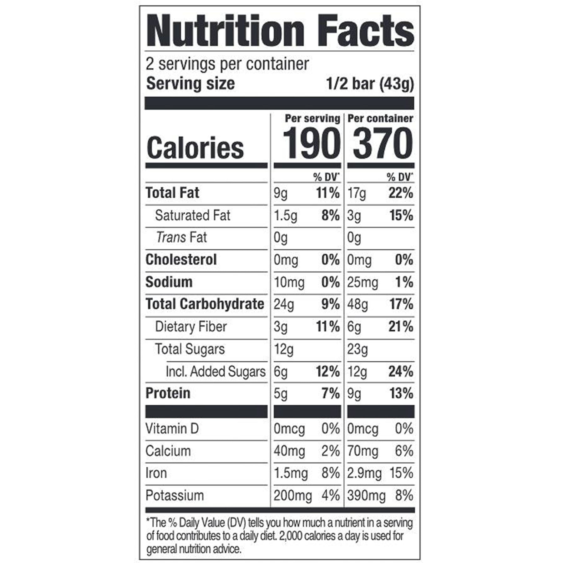 the nutrition panel from the package of original trail mix pro bar