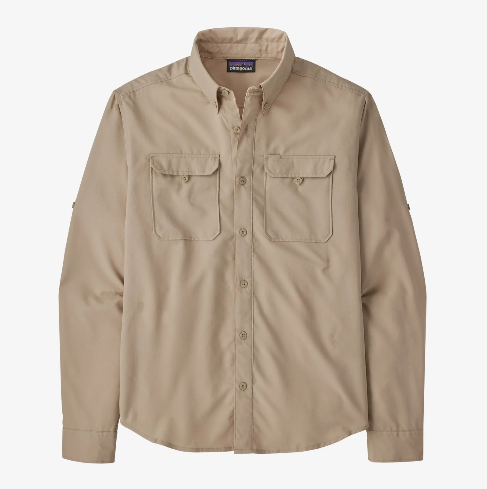 front view of the mens patagonia self guided hike long sleeve shirt in the color oar tan