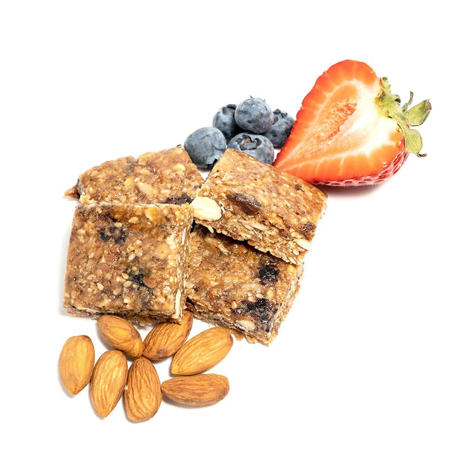 sample pieces of whole berry blast with some raw ingredients such as half a strawberry and some blue berries