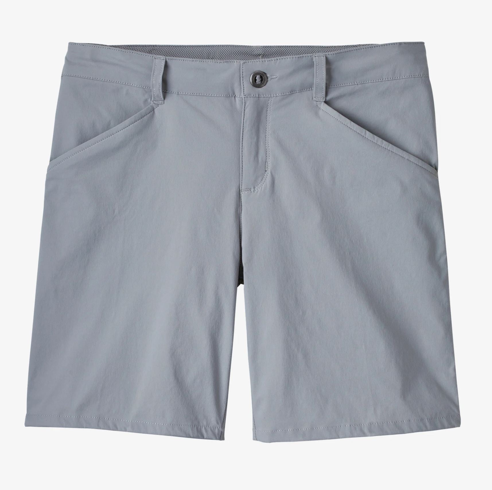 front view of the patagonia womens quandary shorts in the 7 inch inseam color salt grey