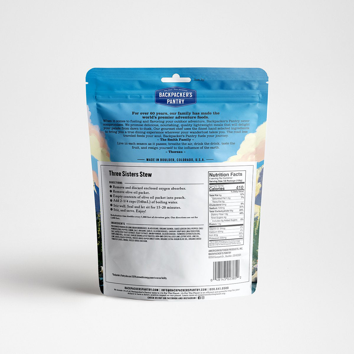 A photo of Backpackers Pantry three sisters stew packaging, the back of the package