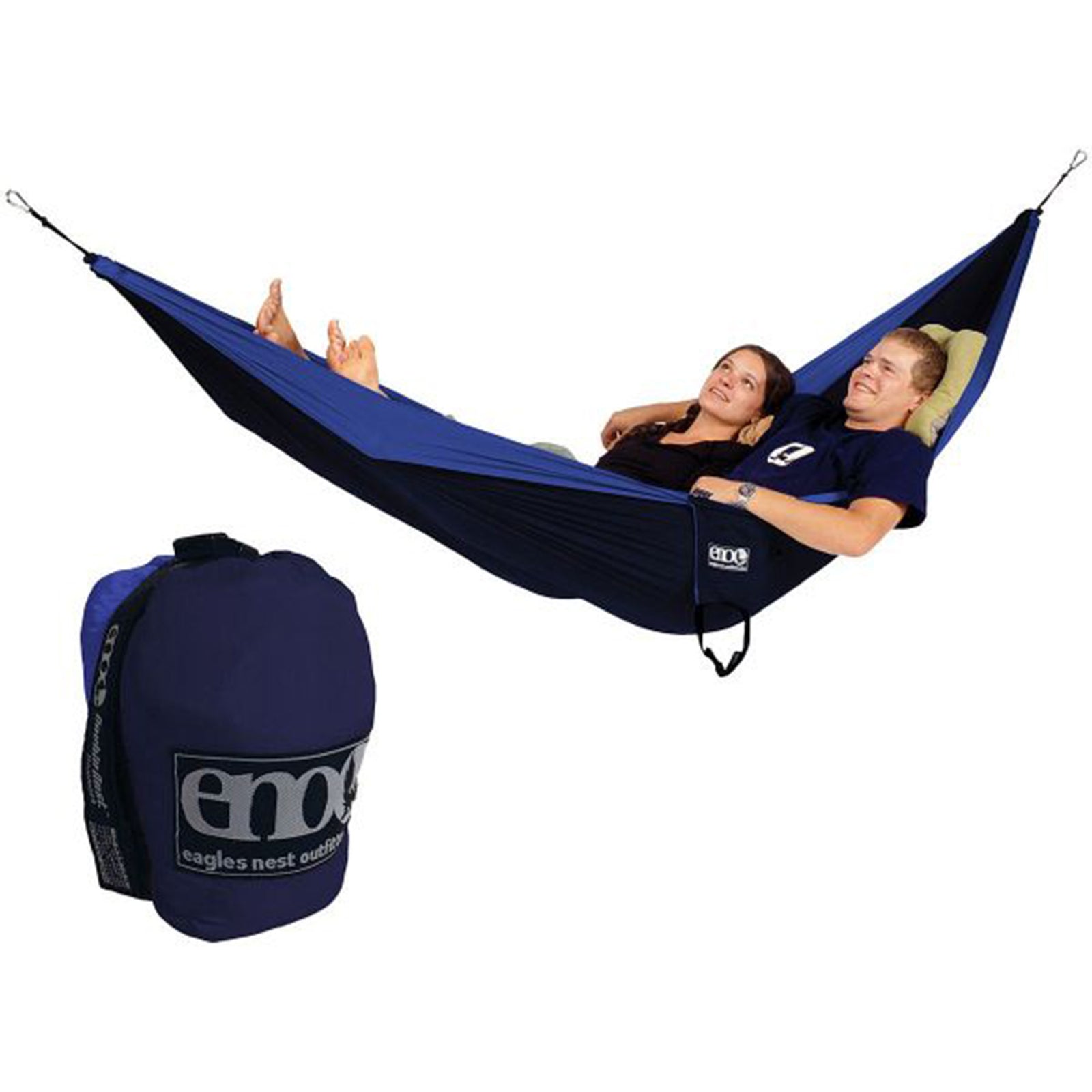 two people in a navy hammock
