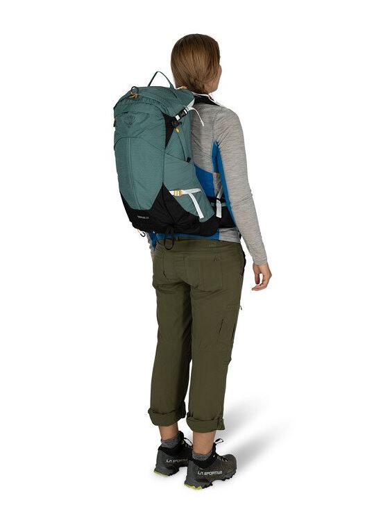 osprey sirrus 24 backpack in succulent green, back view on a model