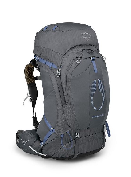 osprey aura ag 65 backpack in tungsten grey, front view