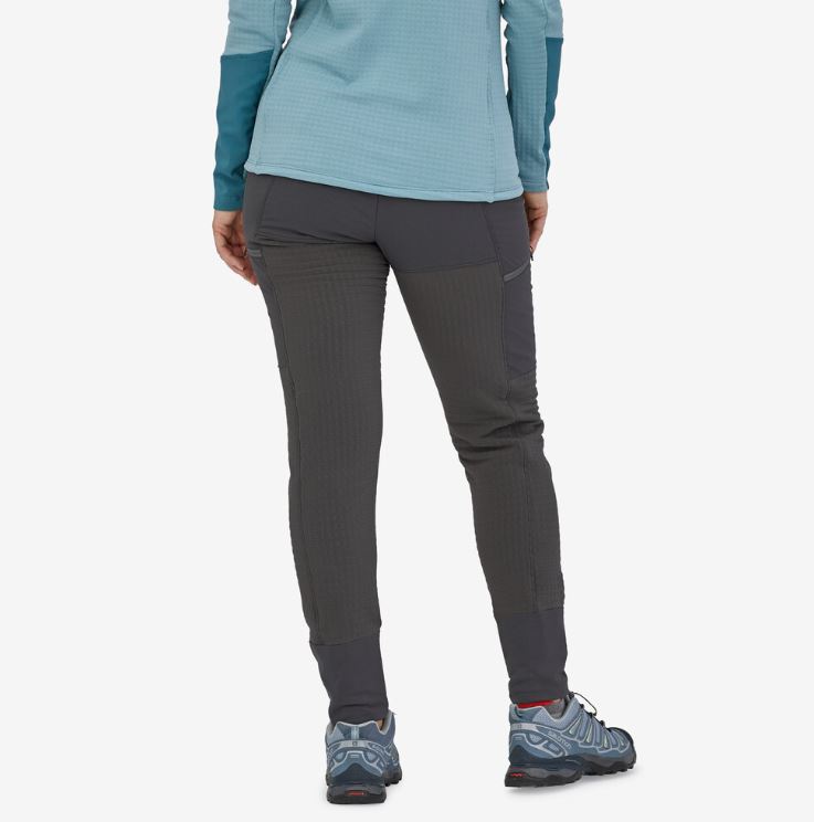 patagonia womens r2 techface pants in forge grey, back view on a model
