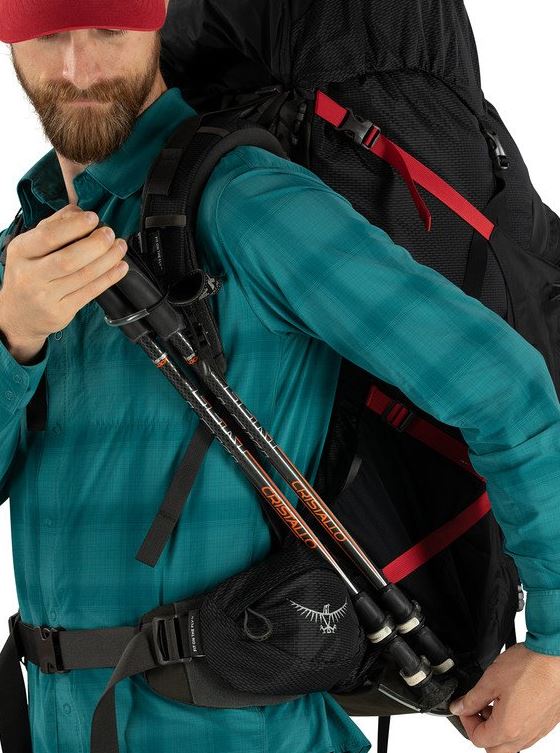 osprey aether plus 70 in black, view of the pole attachment