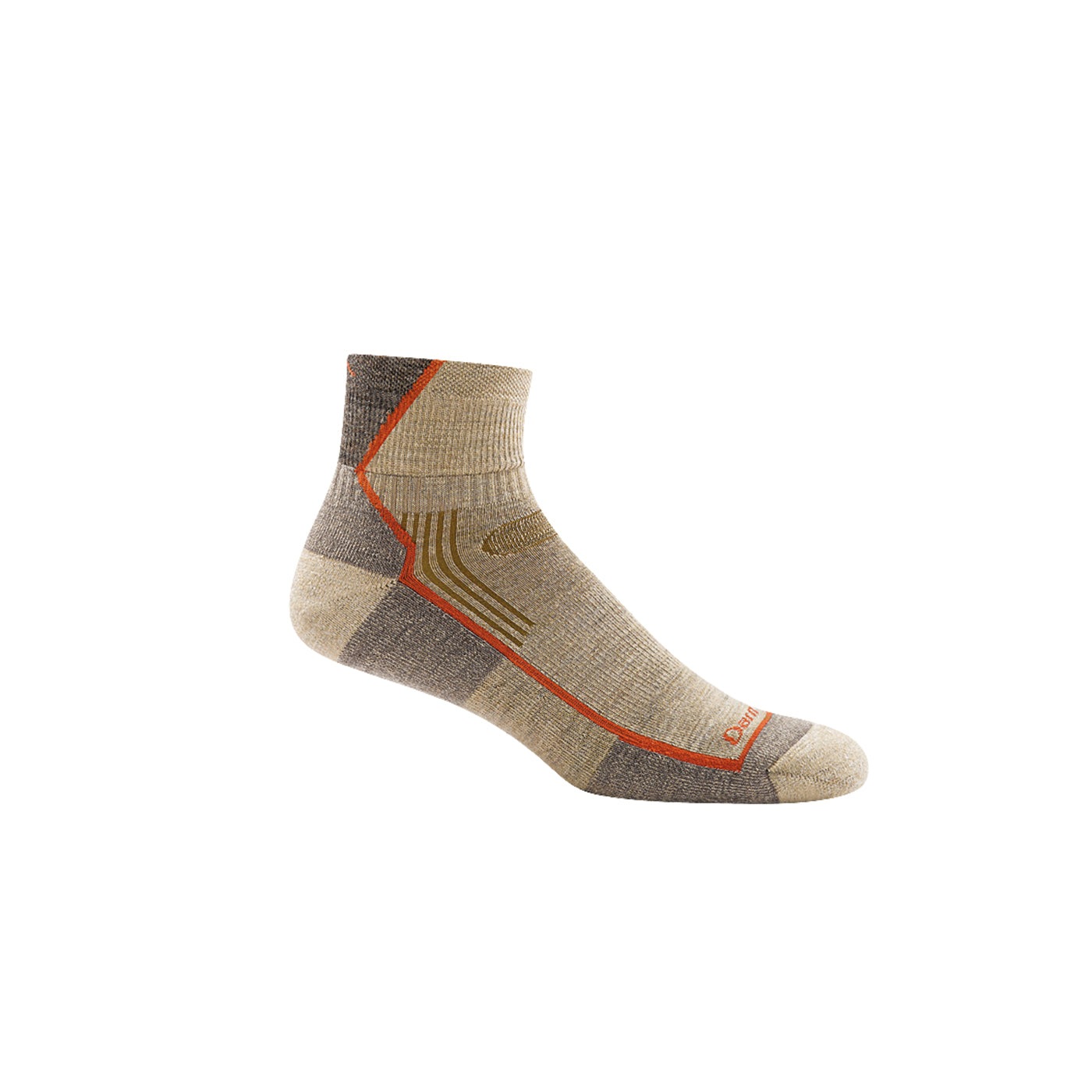 sideview of 1/4 length mens sock in beige and light grey with orange stripe