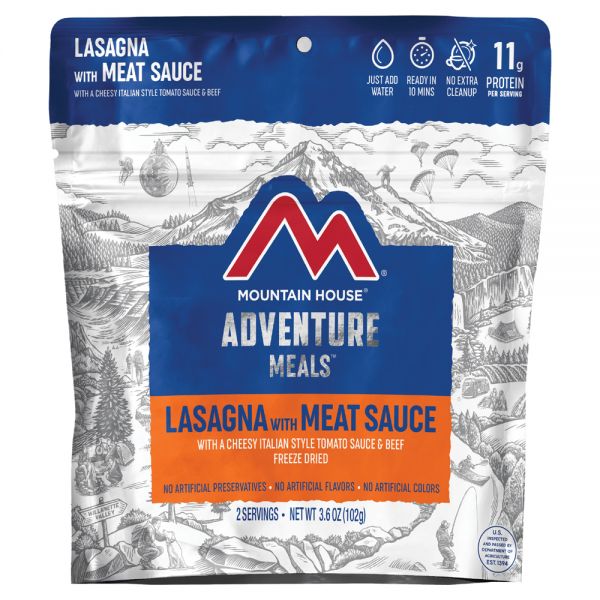 mountain house meal, lasagna with cheesy italian style tomato sauce & beef, freeze dried