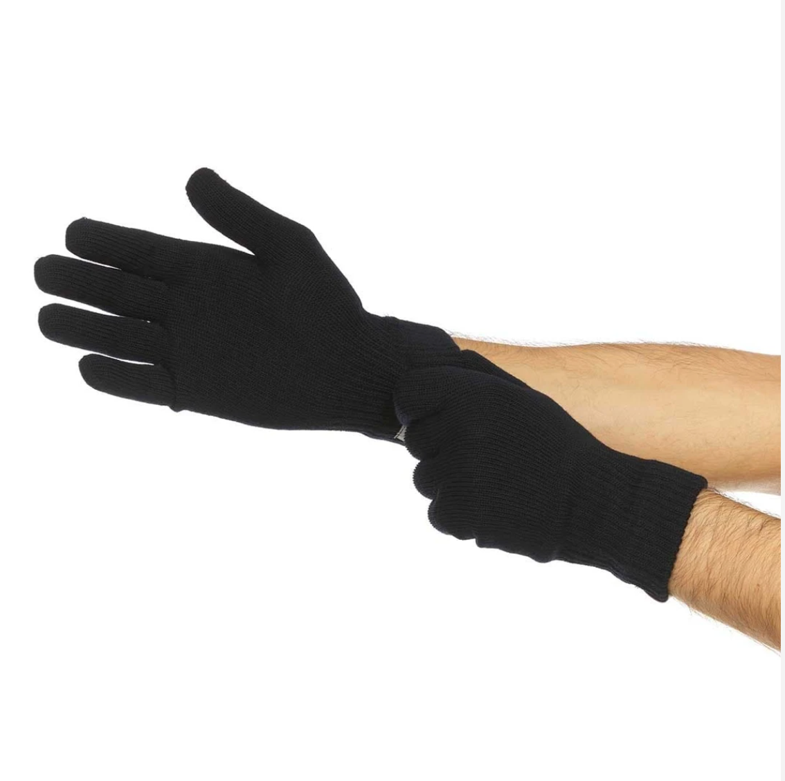 minus33 merino wool glove liners black on model hands