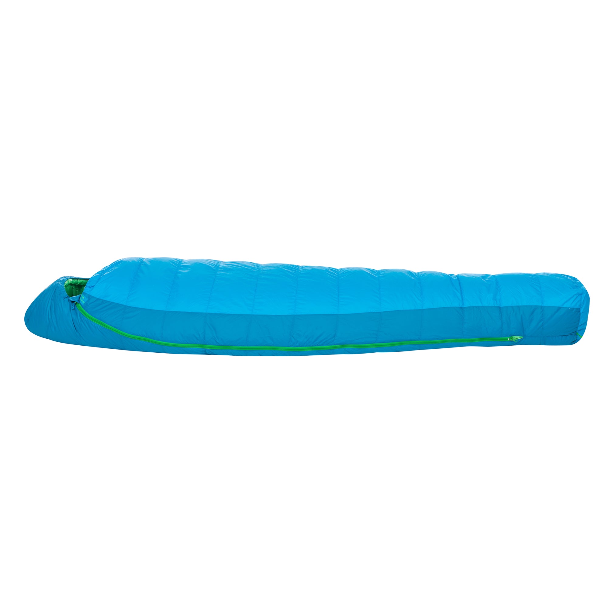 SIDE PROFILE OF THE MIRROR LAKE SLEEPING BAG LAYING FLAT, SHOWS RIGHT SIDE ZIPPER
