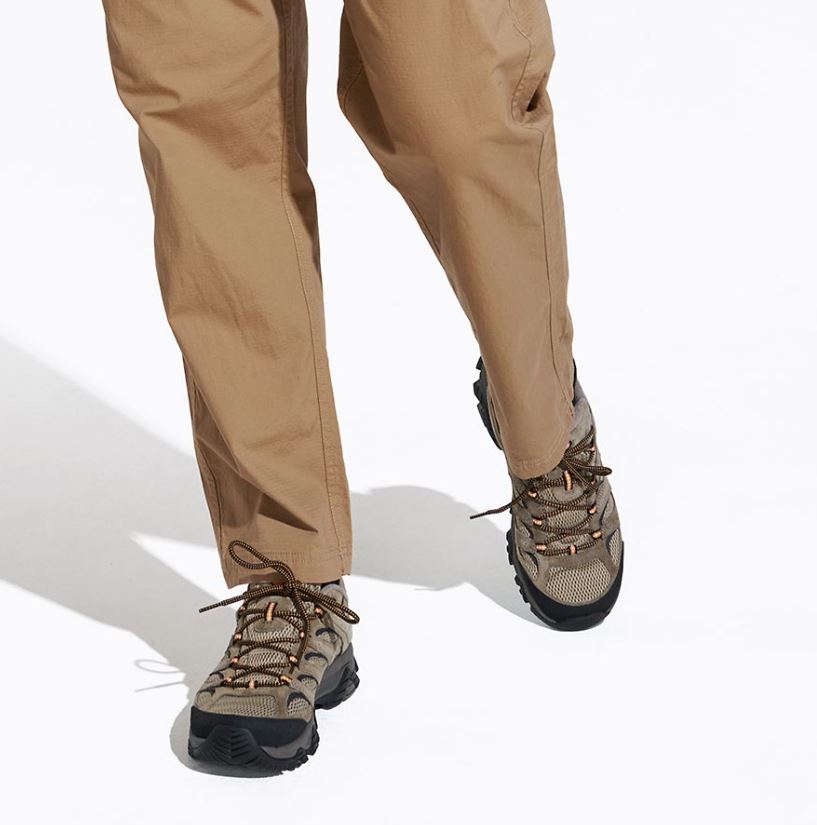 merrell mens moab 3 low vent wide width in walnut, view on a model