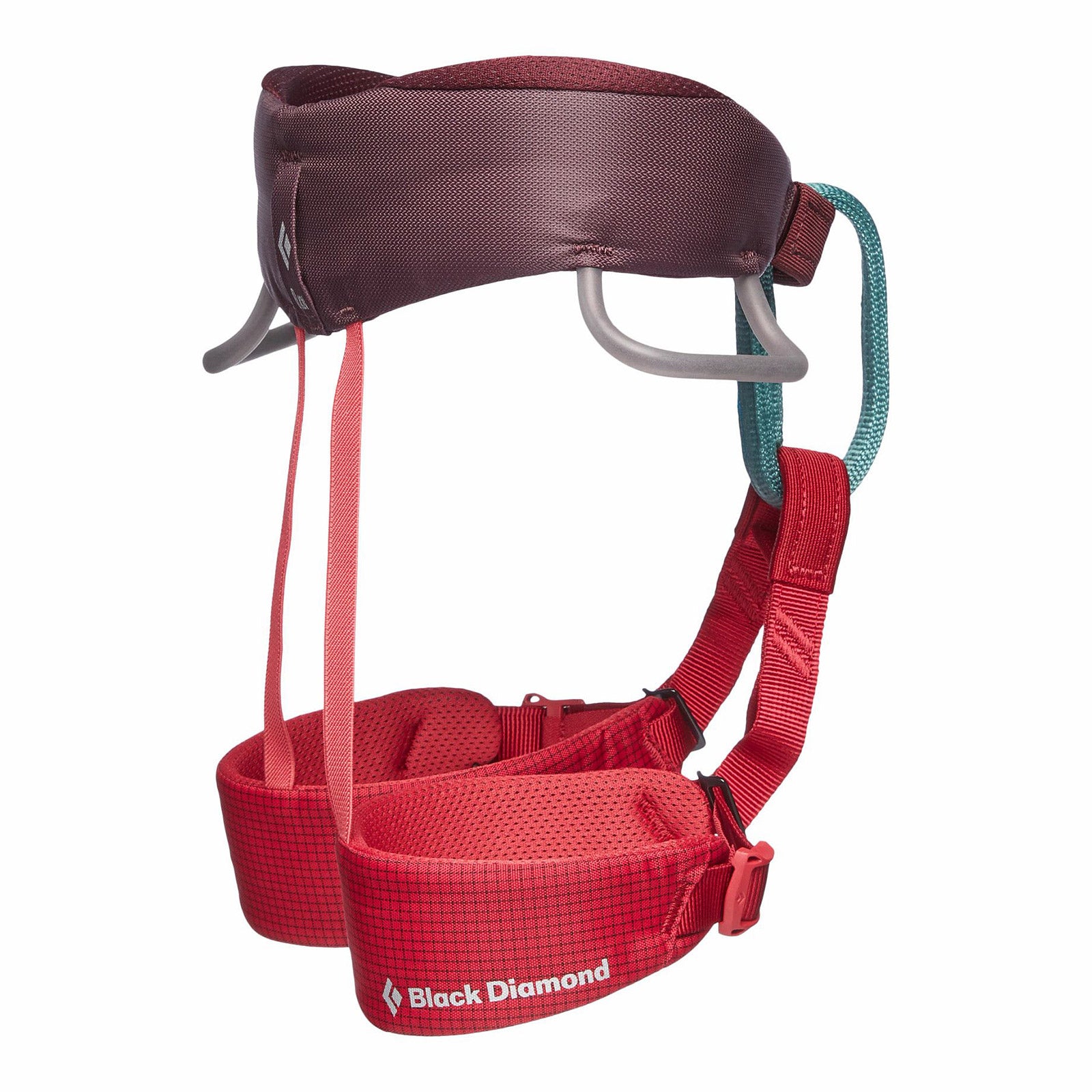 a side view of a red kid's climbing harness