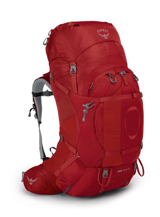 osprey ariel plus 70 backpack in carnelian red, front view