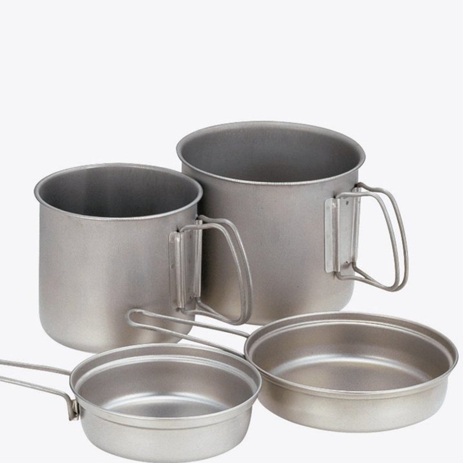 the set with all the pots and pans laid out