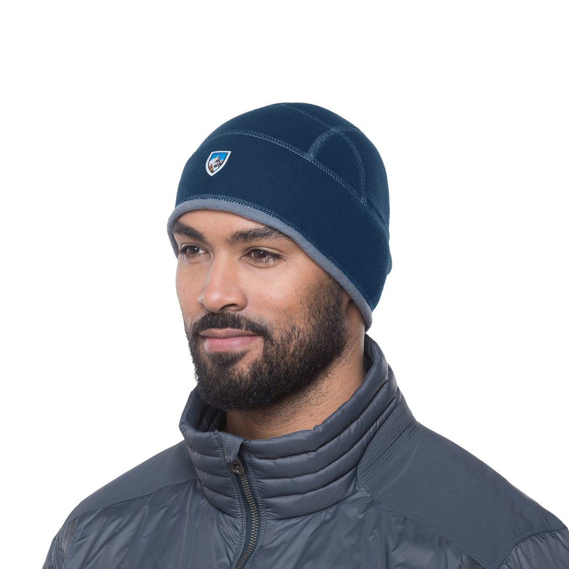kuhl skull hat beanie mens on model front view in color dark blue