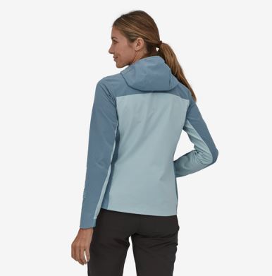 patagonia womens cross strata hoody in steam blue, back view on a model