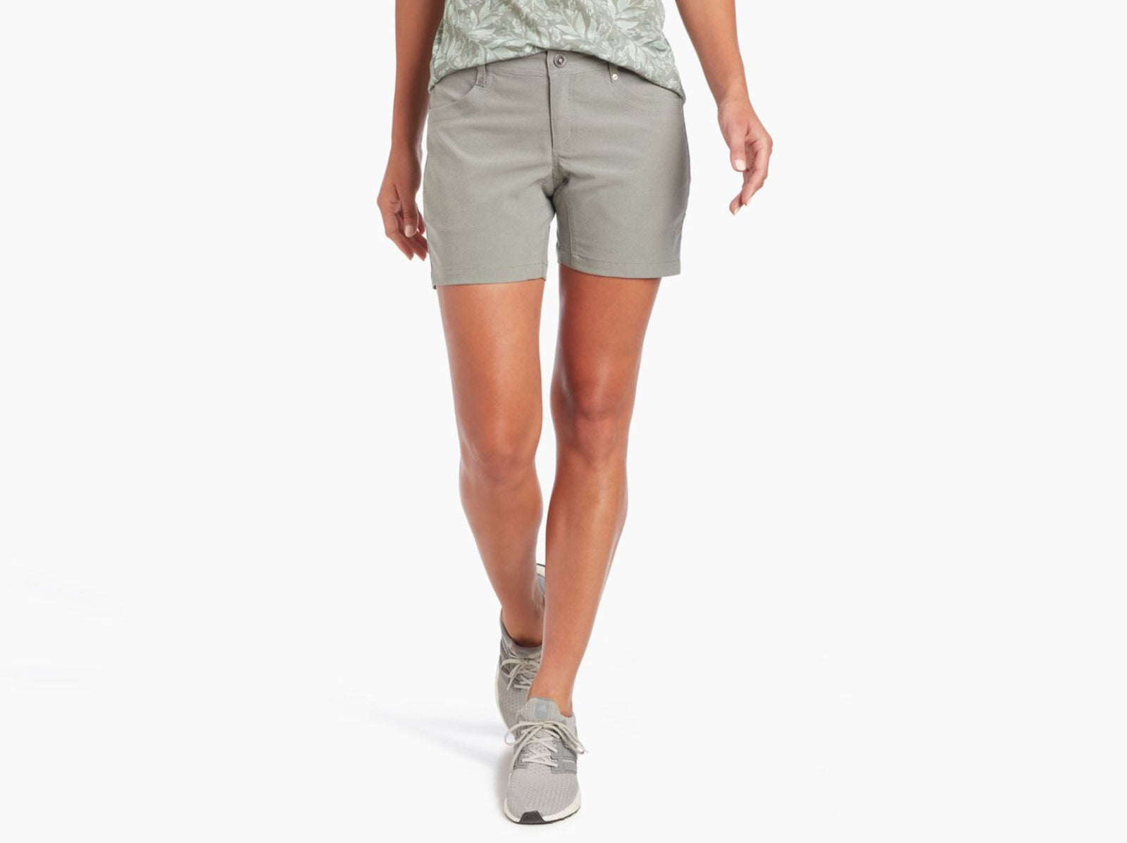 kuhl womens trekr 5 inch shorts on a model, front view in stone