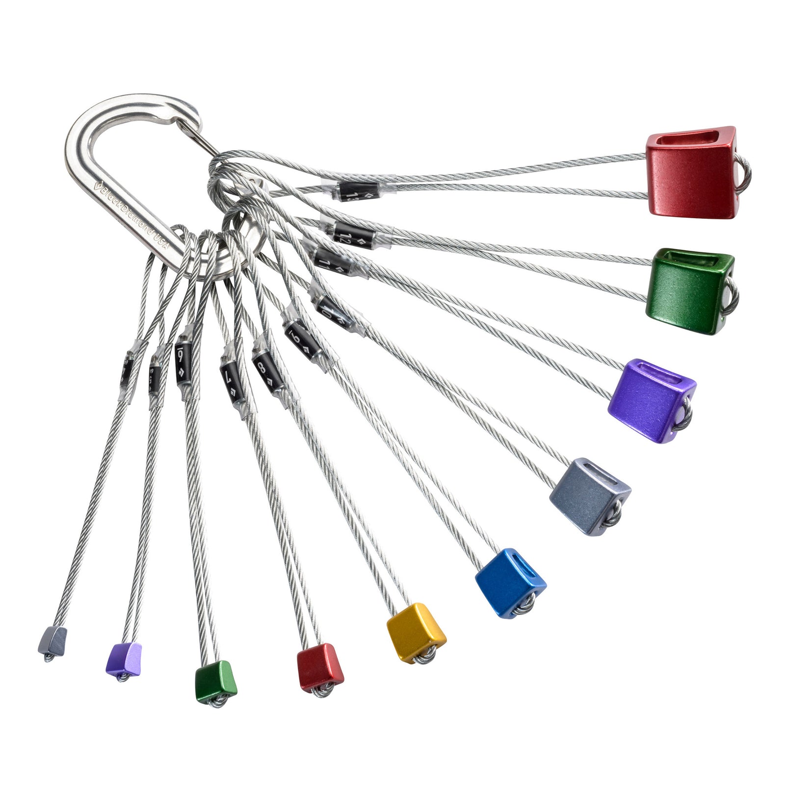 collection of various sized stoppers on a blak carabiner