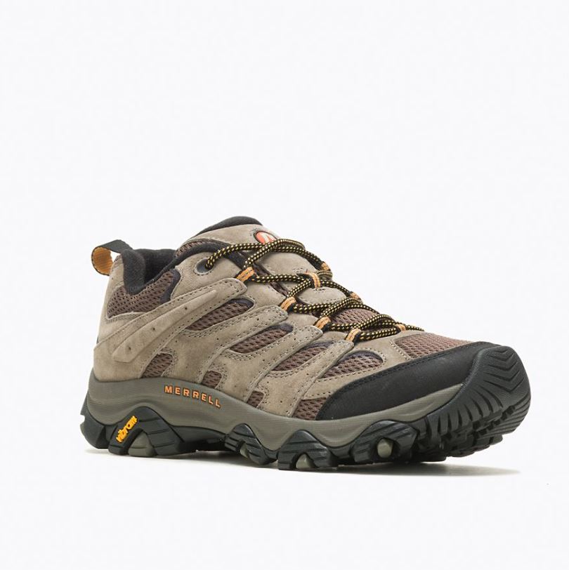 merrell mens moab 3 low vent wide width in walnut, three quarters view