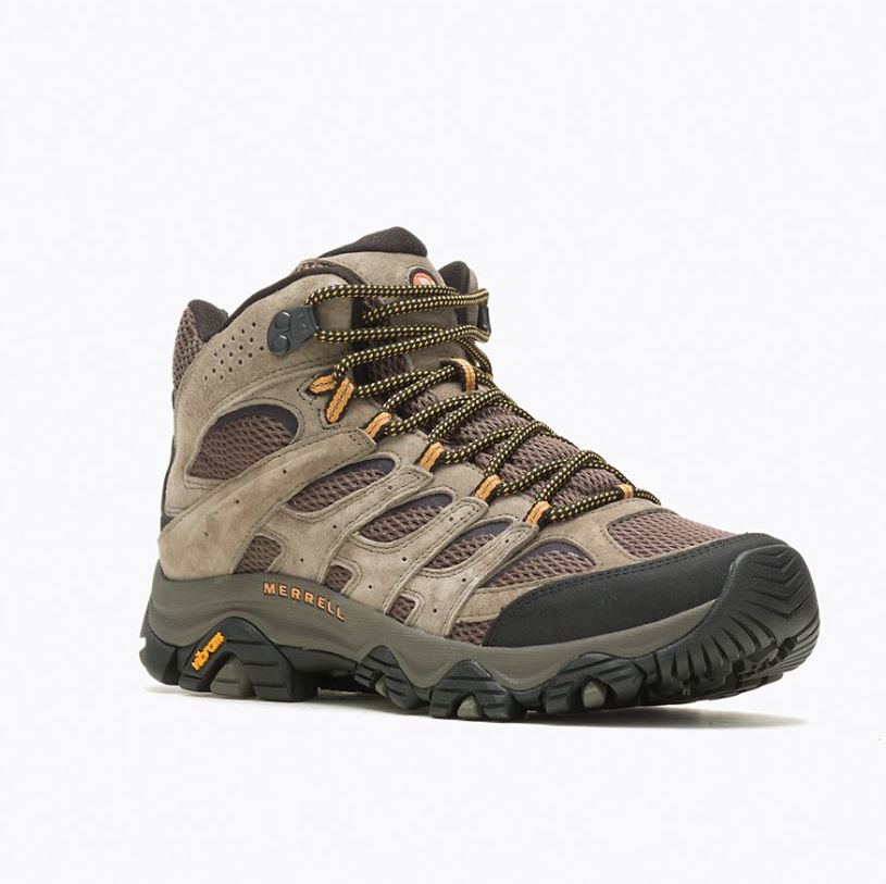 merrell men's moab 3 mid vent wide in walnut, three quarters view