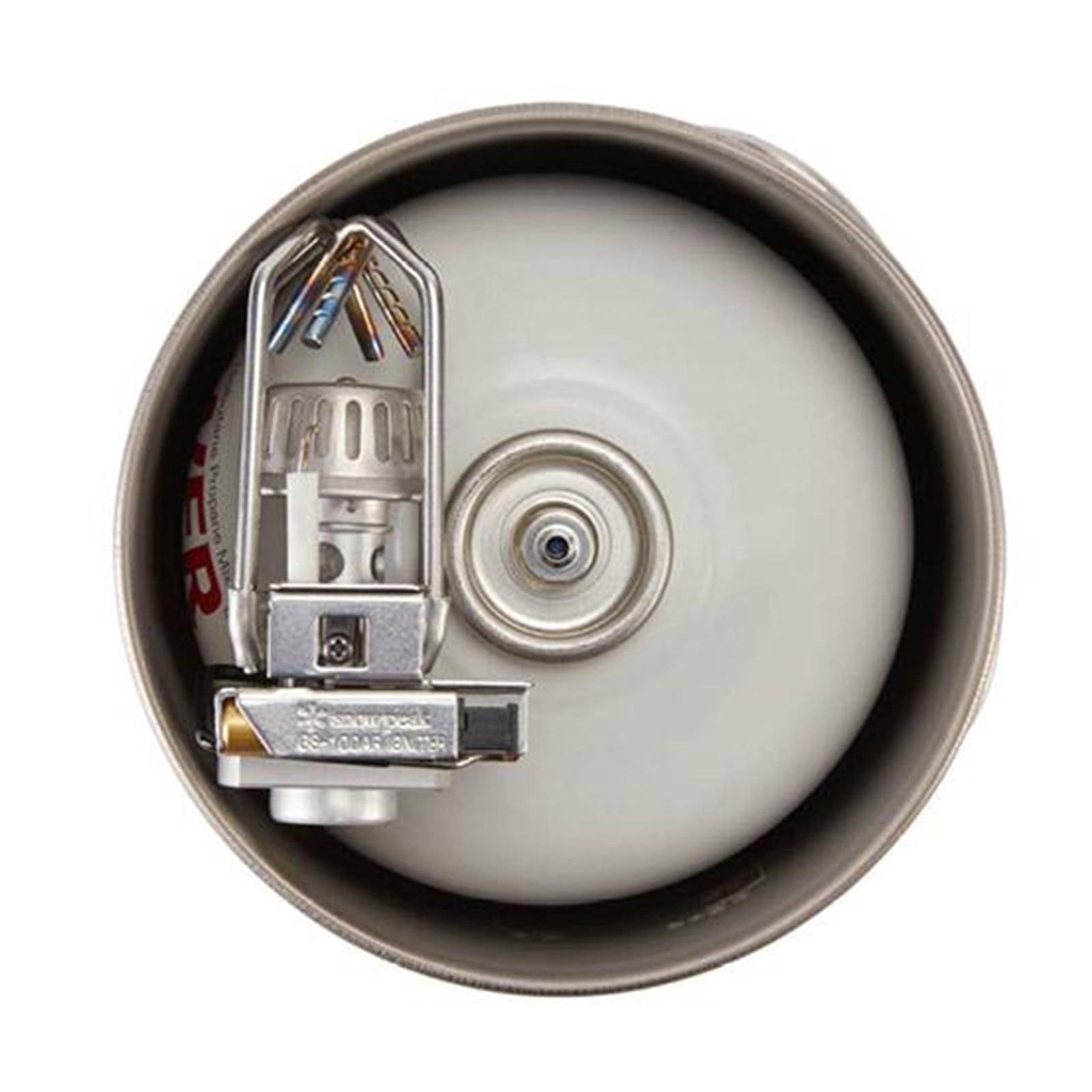 looking down into the pot with a 250g fuel canister and small stove fitting inside