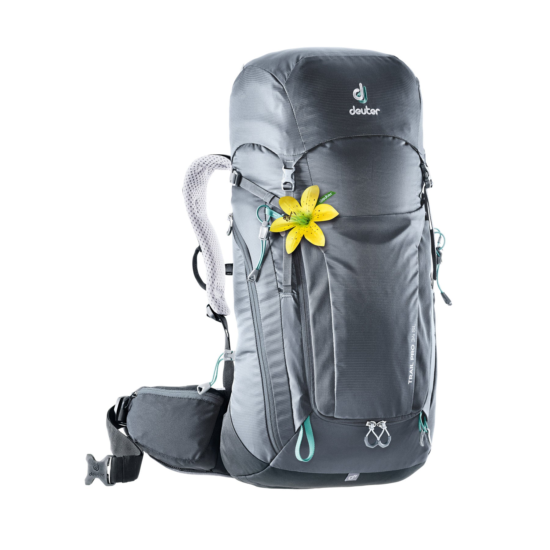 deuter trail pro 24 SL womens backpack front view in color grey with aqua details