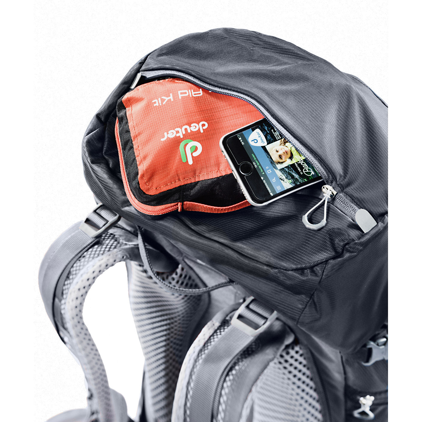 deuter trail pro 36 liter backpack top pocket detail view  in color black with lime green details