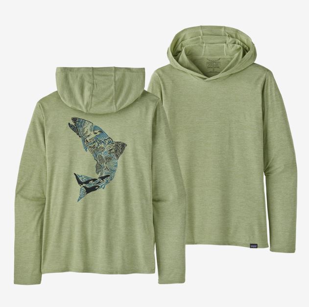 a photo of the patagonia womens capilene cool daily graphic hoody in the color upstream steelhead: salvia green x dye, a view of the front and back