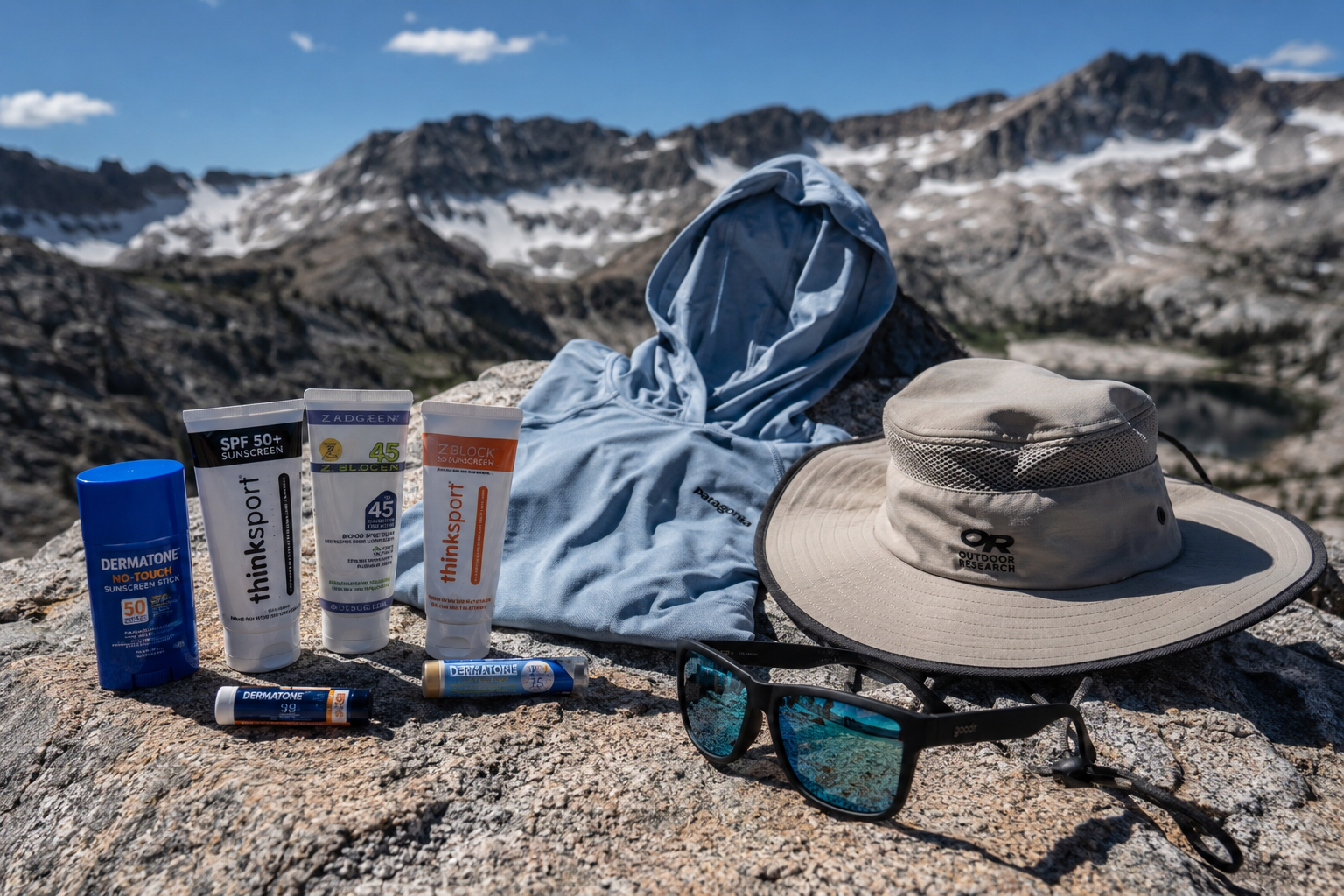 sun screen, hats, sun glasses in foreground, mountains in background