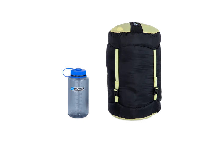 Packed sleeping bag size comparison to Nalgene bottle