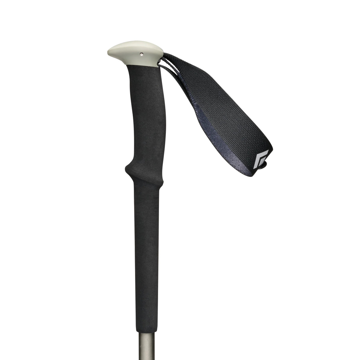 Black hiking pole handle with white top on a white background