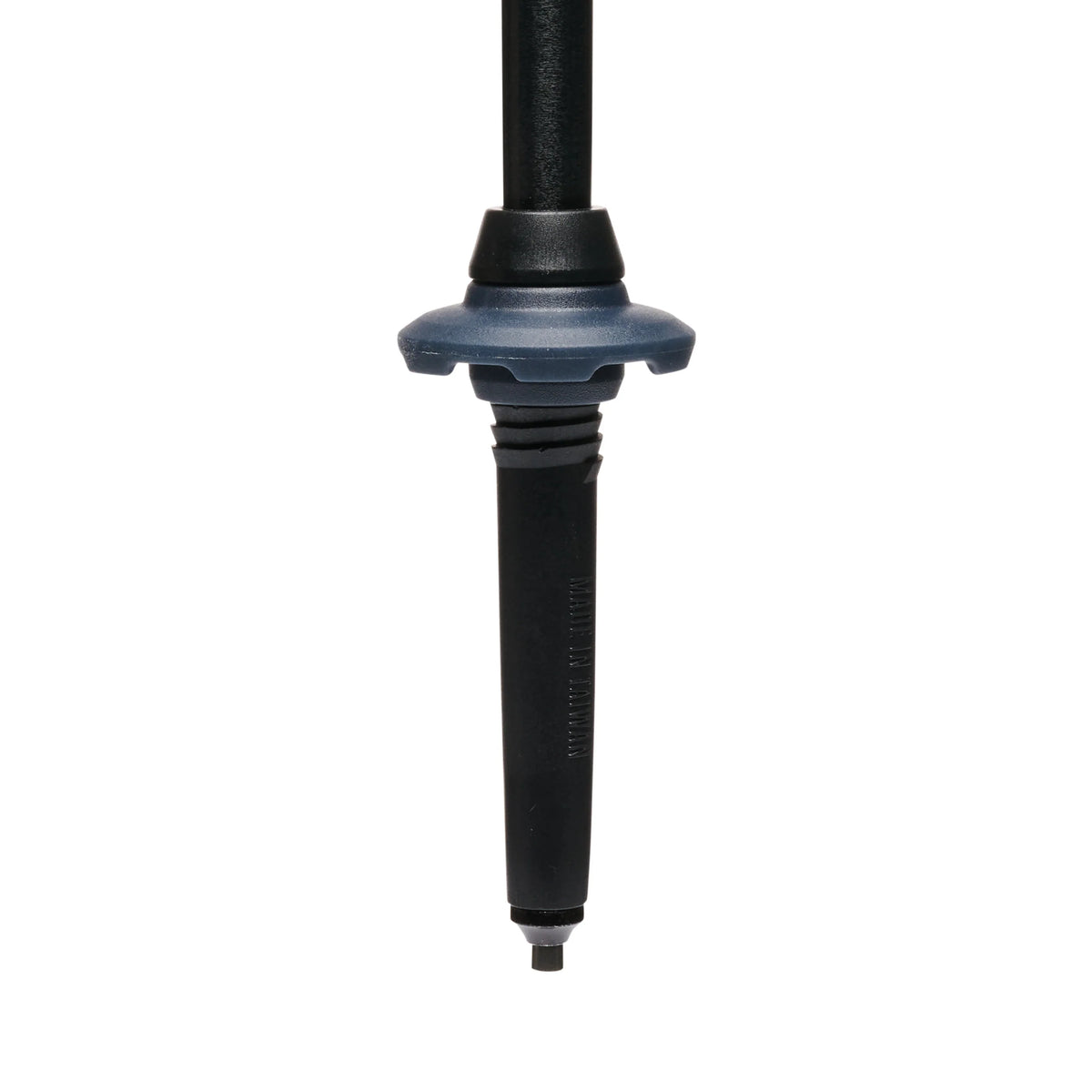 Black hiking pole tip with blue trekking basket on white background
