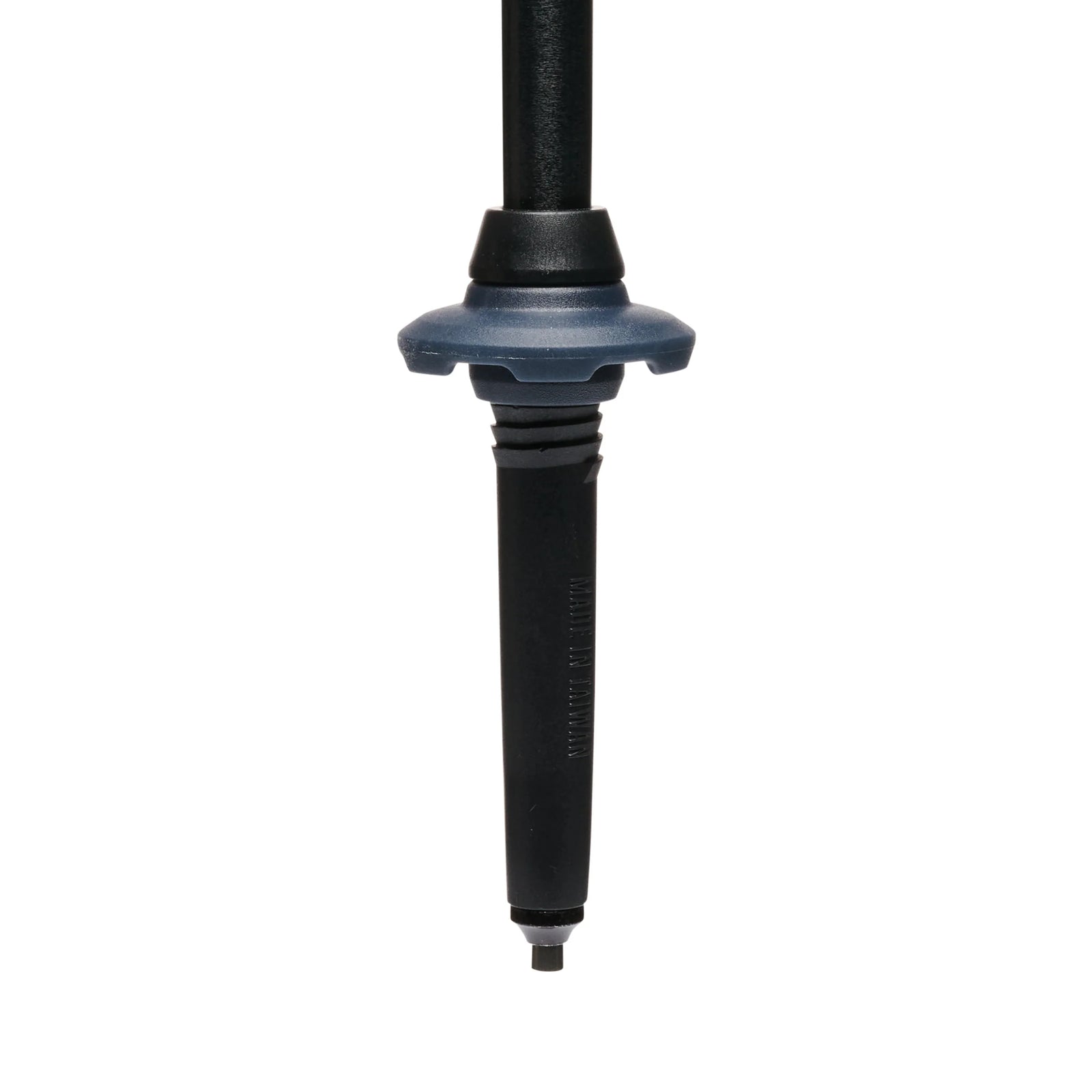 Black hiking pole tip with blue trekking basket on white background