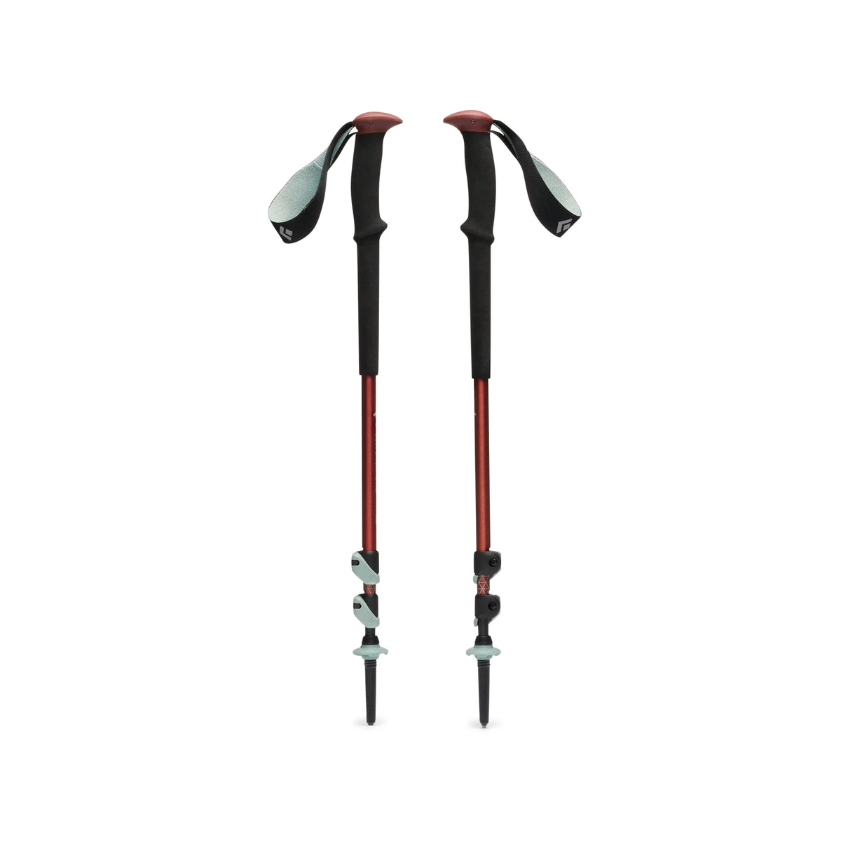 Pair of hiking poles with red and black design on a white background