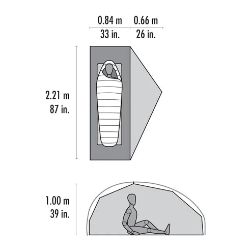 Measurement chart showing dimensions of a sleeping bag and tent setup.