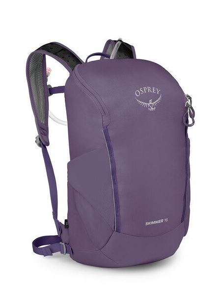 a photo of the osprey skimmer 16 backpack in the color purpurite purple, front view