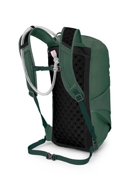 a photo of the osprey skarab 18 backpack in the color tundra green, back view