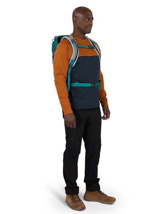 a photo of the osprey hikelite 18 in escapade green, front view on a model