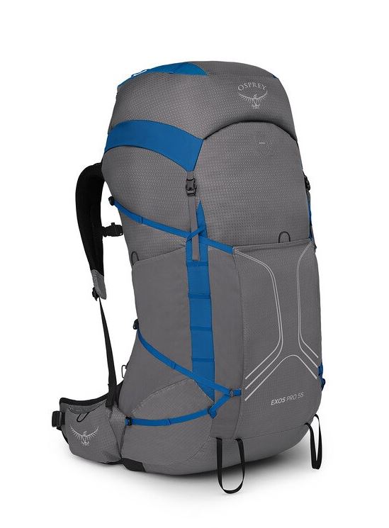 a photo of the osprey exos pro 55 backpack in the color dale grey agam blue, three quarters view