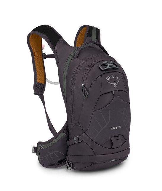 a photo of the osprey womens raven 10 backpack in the color space travel grey, front view