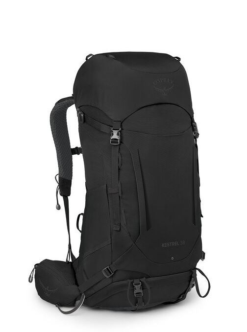 a photo of the osprey kestrel 38 litre backpack in the color black, front view