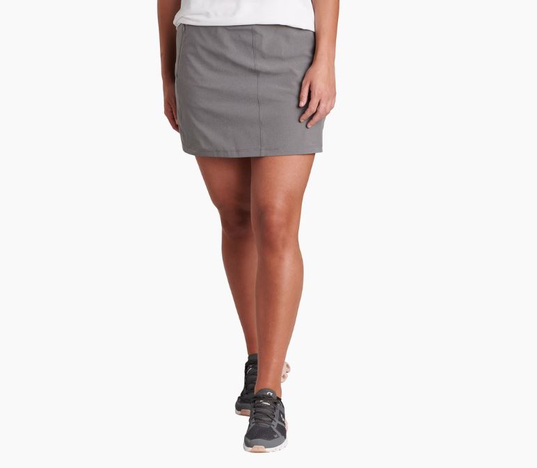 a photo of a model wearing the kuhl freeflex skort in the color flint, front view