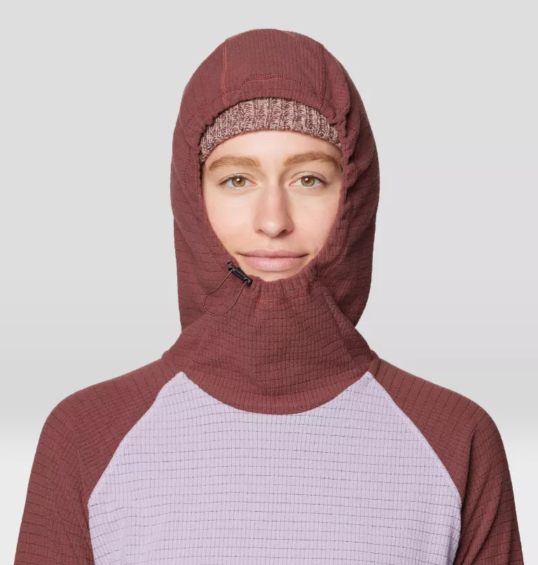 Mountain Hardwear Summit Grid Tunic Women's, color Atmospheric, Bourbon Brown, hood view